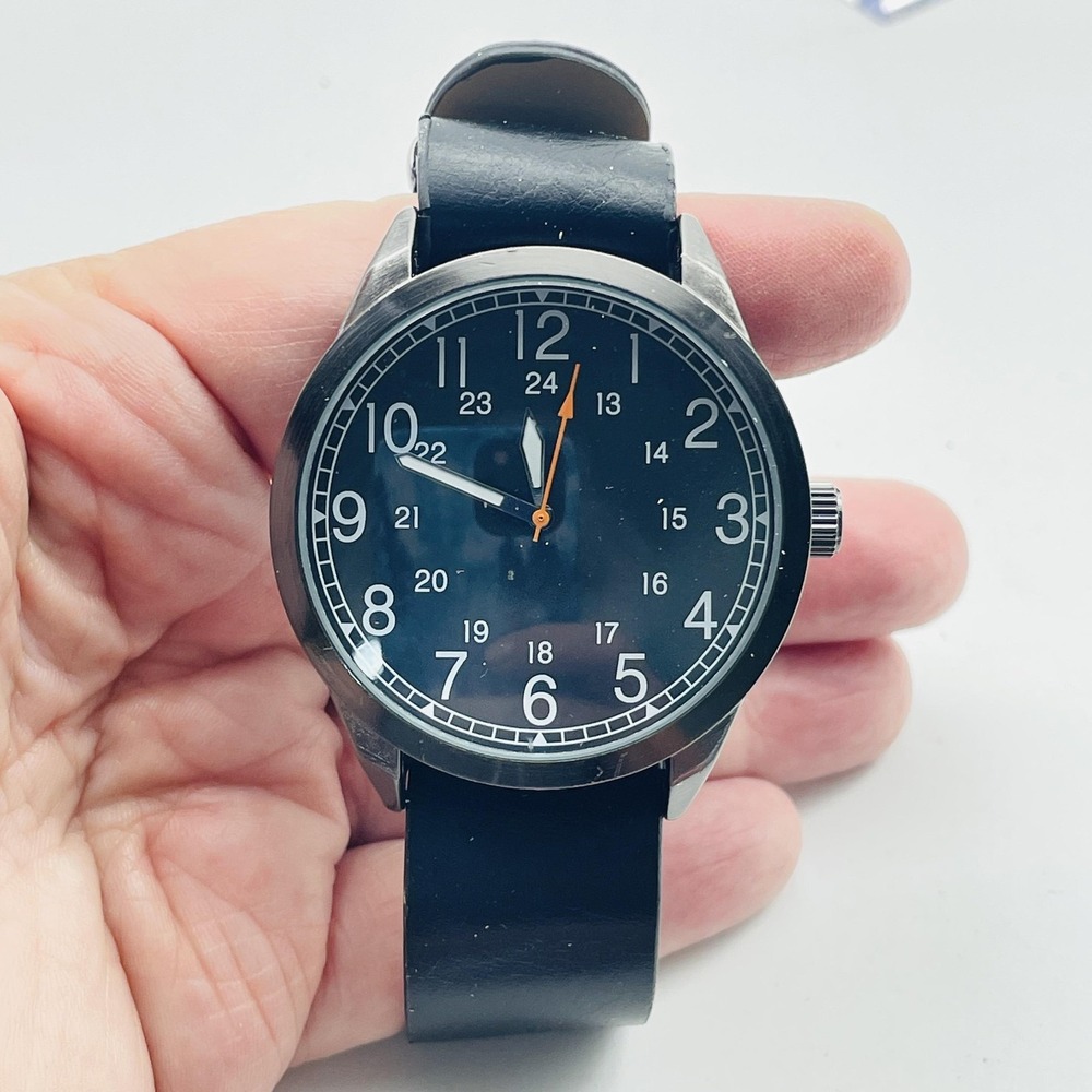 FMD Watch Black Dial 24 Hour Quartz Mens Imitation Leather Band Large Face